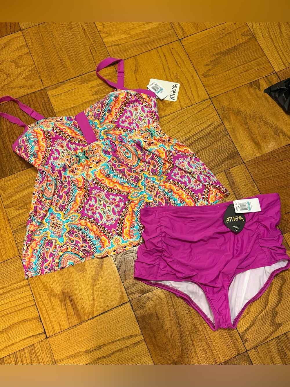 Athena Fuchsia Paisley Tankini Set with High-Waist Solid Briefs